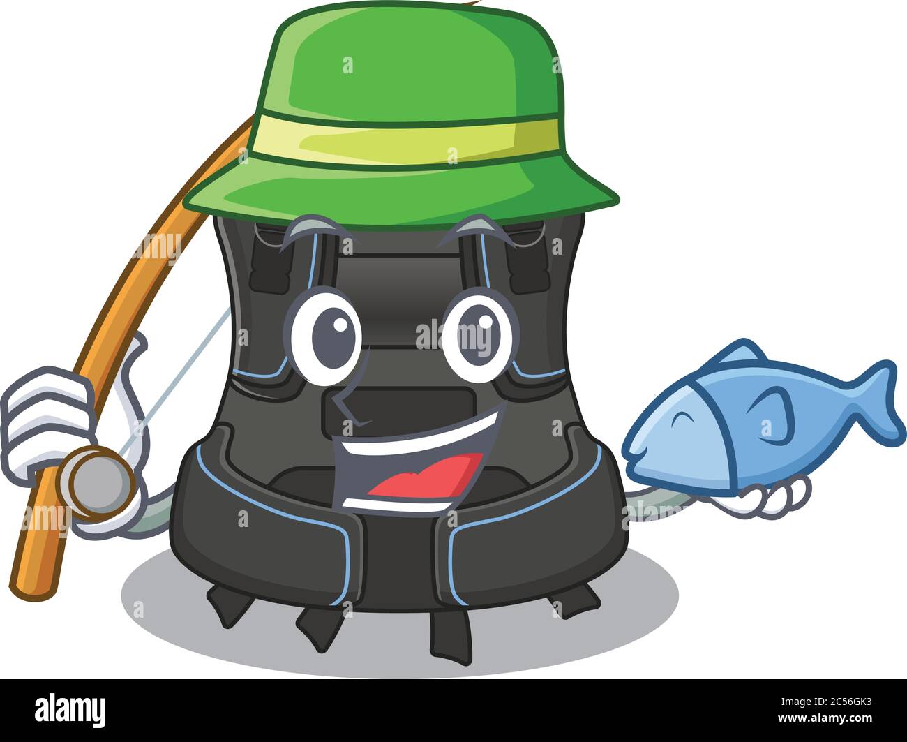 Stile di disegno del cartone animato del compensatore di galleggiamento scuba pronto va alla pesca Illustrazione Vettoriale