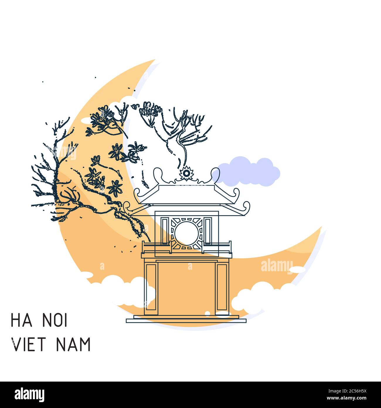 Un'illustrazione di un edificio dietro una luna a mezzaluna e alberi in Vietnam accanto alle parole 'ha noi Viet Nam' Foto Stock