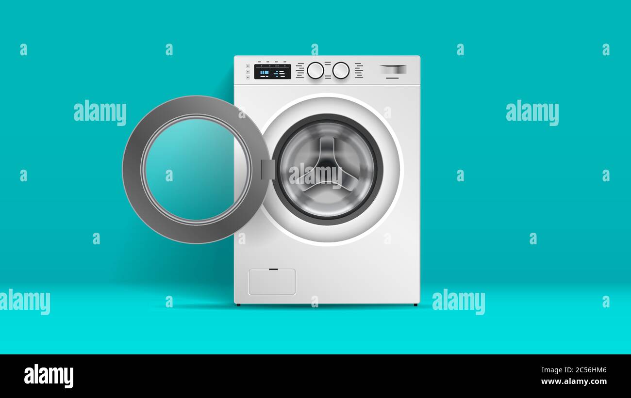 macchina di lavaggio realistica vista frontale della lavatrice in acciaio  concetto di elettrodomestico fondo blu illustrazione vettoriale orizzontale  Immagine e Vettoriale - Alamy