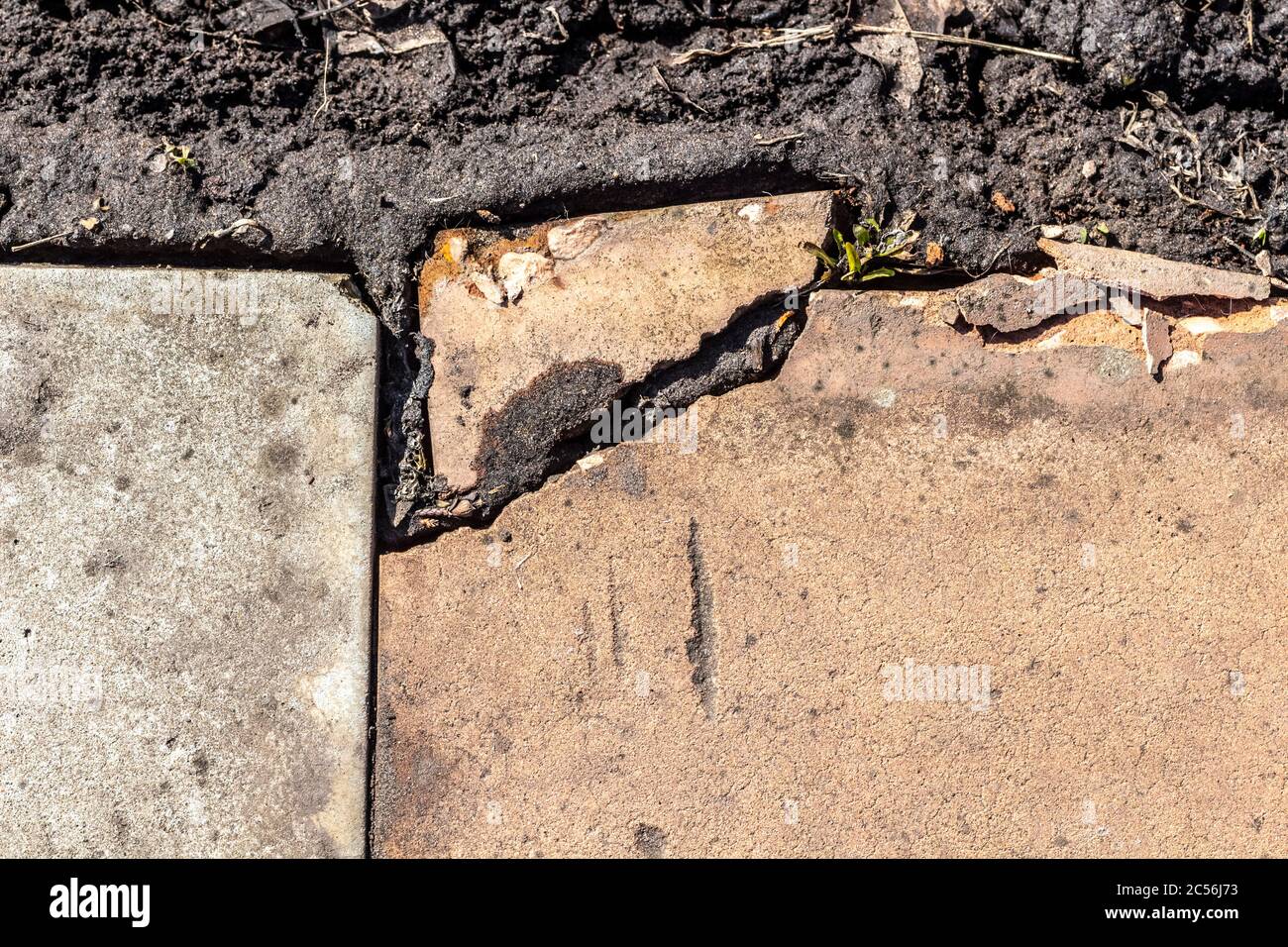 Spaccato dal bordo delle vecchie lastre di pavimentazione da vicino. Foto Stock