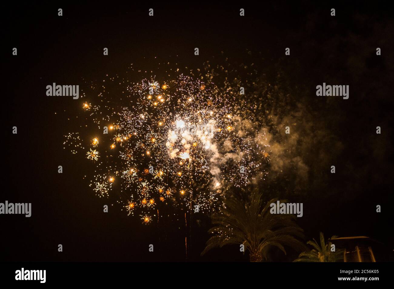 Celebrazione del concetto di vita notturna con fuochi d'artificio colorati sullo sfondo del cielo nero Foto Stock