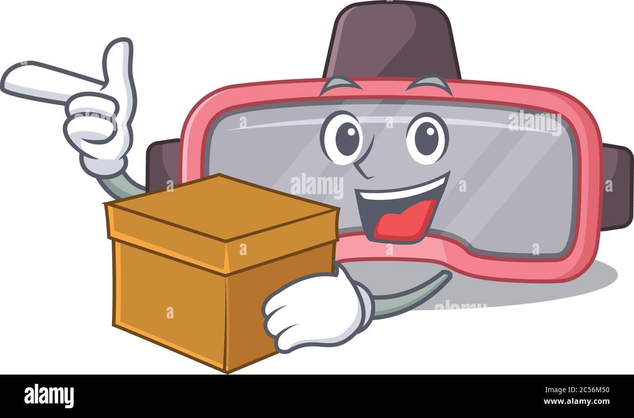 Un sorriso vr occhiali cartoon stile mascotte con una scatola Illustrazione Vettoriale