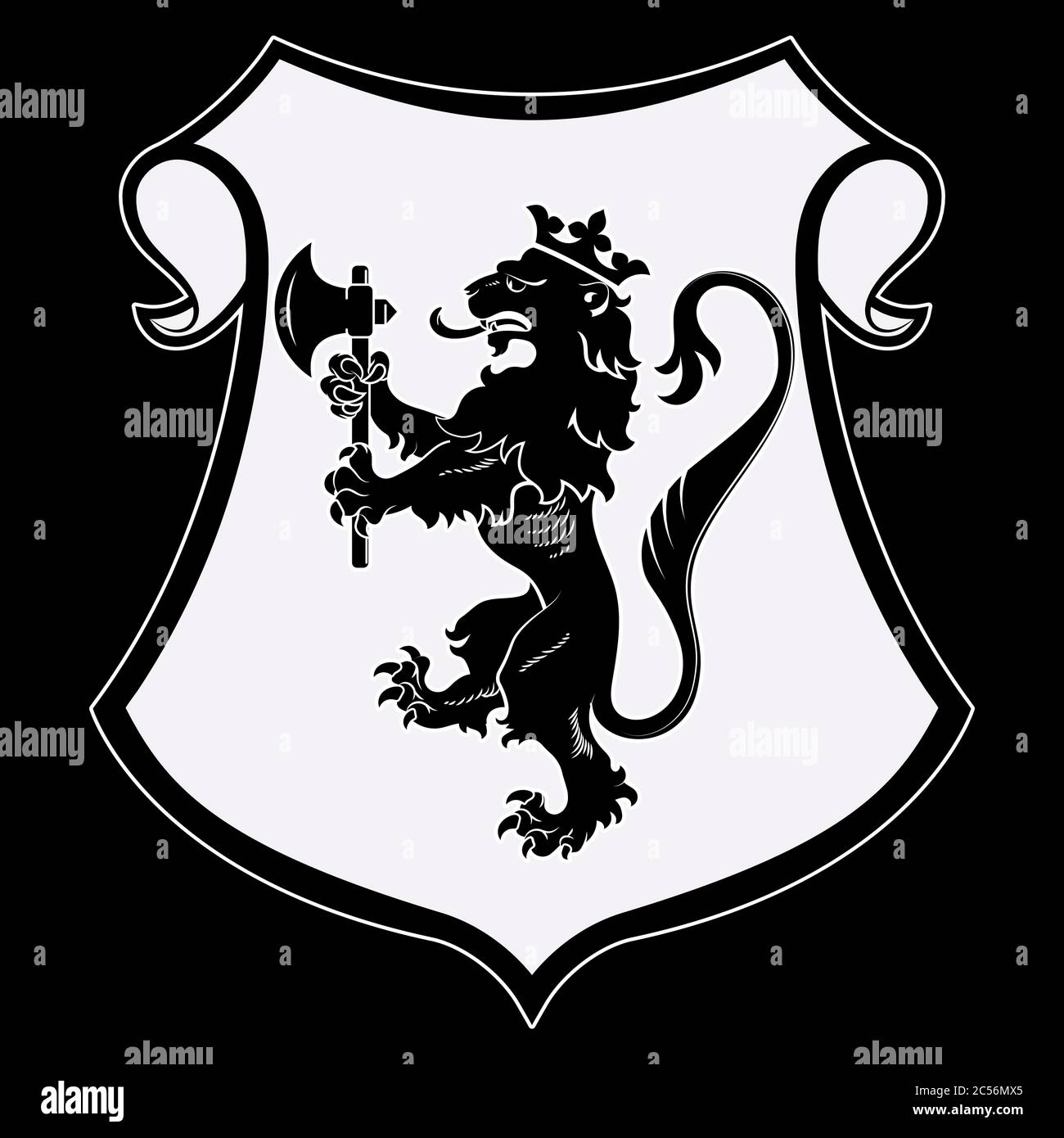 Stemma araldico. Silhouette di leone araldico, scudo araldico con un leone coronato che tiene un'ascia nelle zampe anteriori Illustrazione Vettoriale