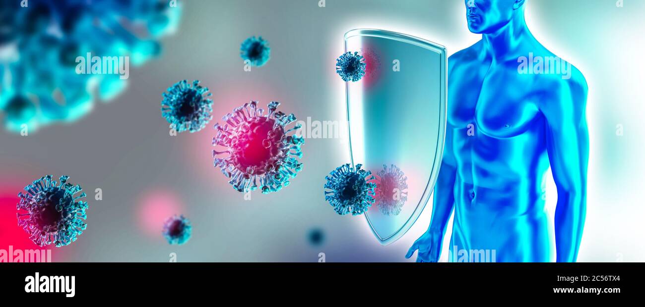 Sistema immunitario umano, protezione contro virus e batterie. Gli esseri umani si schermano contro il coronavirus. La difesa immunitaria combatte con i virus. Covid-19 Foto Stock