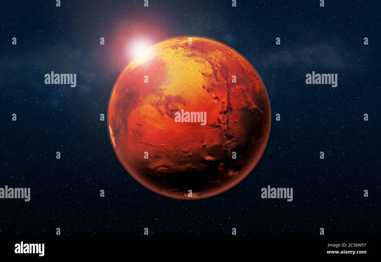 Marte il pianeta rosso del sistema solare nello spazio. L'arte ad alta risoluzione presenta il pianeta Marte nello spazio. Foto Stock