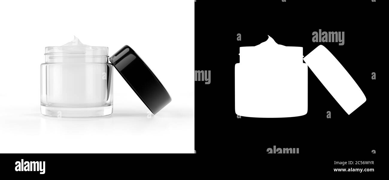 Contenitore in vetro per vasetto cosmetico con corpo, crema viso. Modello realistico di confezionamento con cappuccio nero. Isolato su bianco. Rendering 3D Foto Stock
