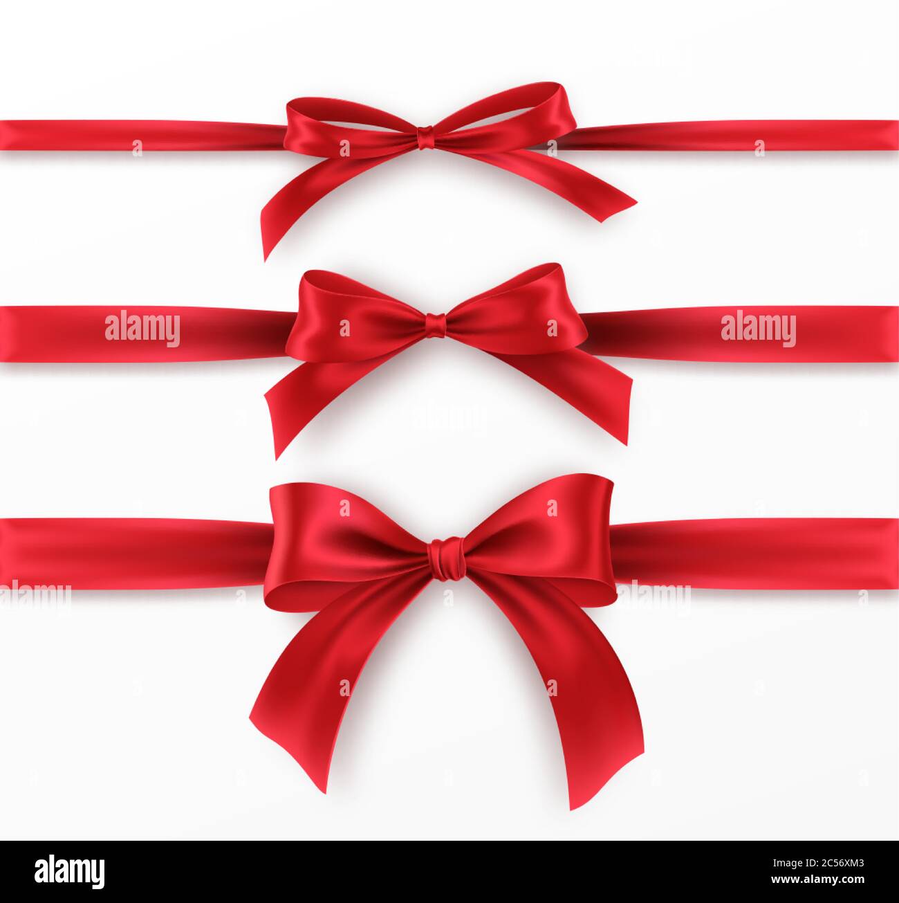 Impostare Red Bow e Ribbon su sfondo bianco. Archetto rosso realistico per il design della decorazione cornice per le vacanze, bordo. Illustrazione vettoriale Illustrazione Vettoriale