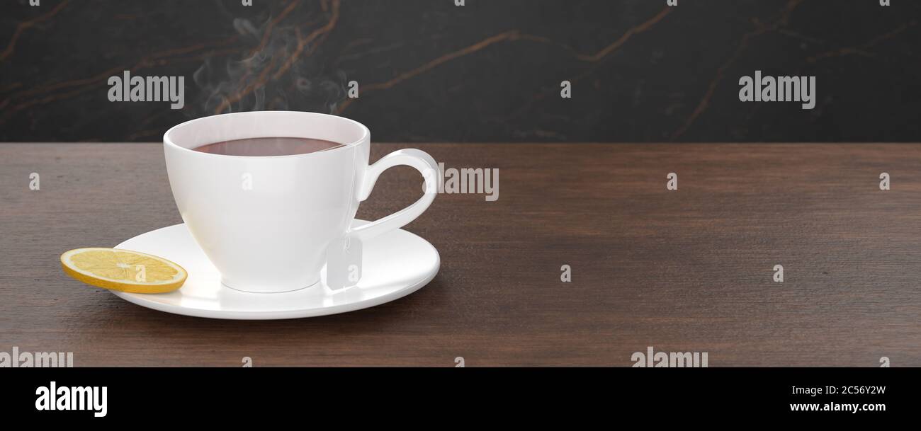 Tazza di tè con limone su tavolo di legno. Tazza in porcellana con teabag. Tè nero, marrone caldo. rendering 3d. Foto Stock