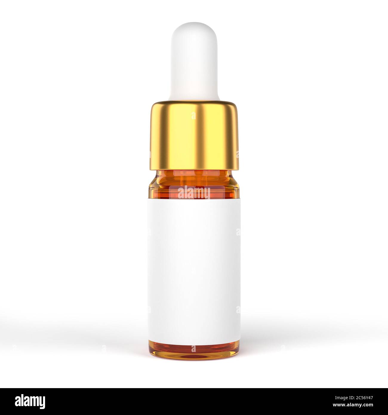 Flacone in vetro trasparente per siero Vitamina C per la progettazione di prodotti cosmetici. Olio di bellezza siero. Isolato su sfondo bianco. Rendering 3D. Foto Stock