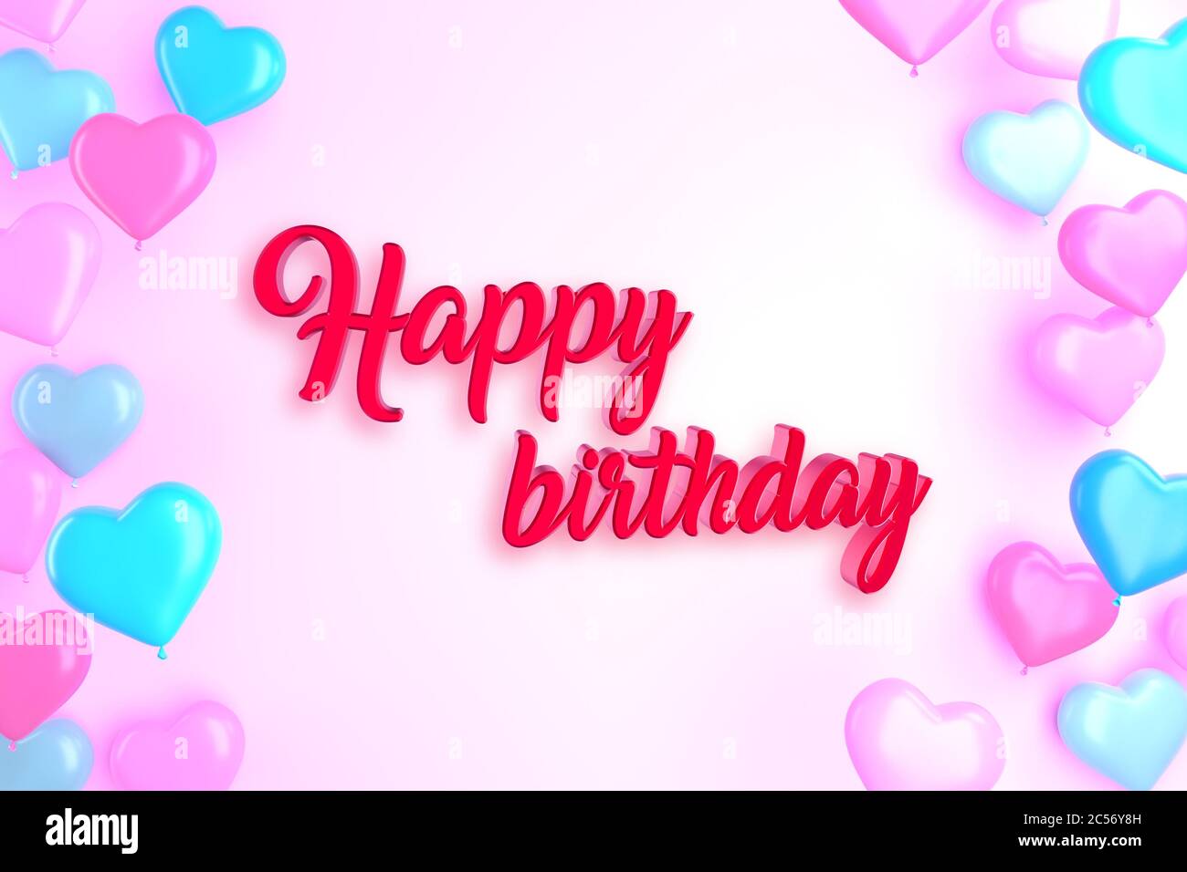 Buona carta di compleanno. Sfondo decorativo con palloni cardiaci. Rendering 3D. Illustrazione romantica. Foto Stock