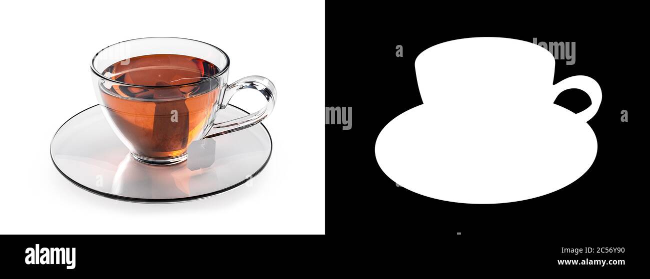 Tazza di tè isolato su sfondo bianco. Tazza in vetro con teabag. Tè nero, marrone caldo. rendering 3d. Maschera Alpha Matt Chanell inclusa. Foto Stock