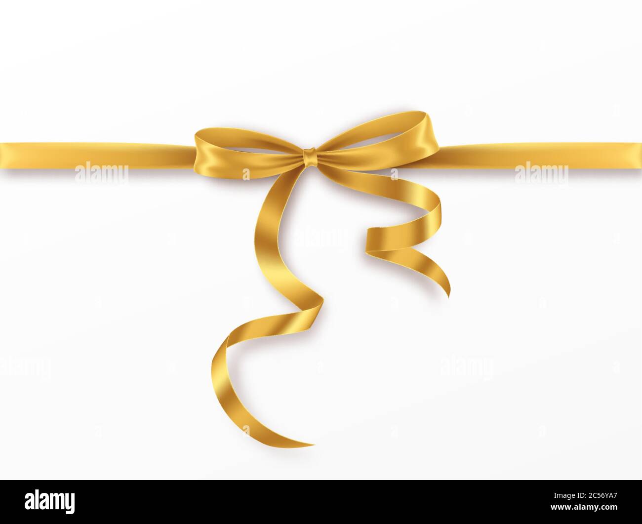 Golden Bow e nastro su sfondo bianco. Arco d'oro realistico per il design della decorazione cornice per le vacanze, bordo. Illustrazione vettoriale Illustrazione Vettoriale