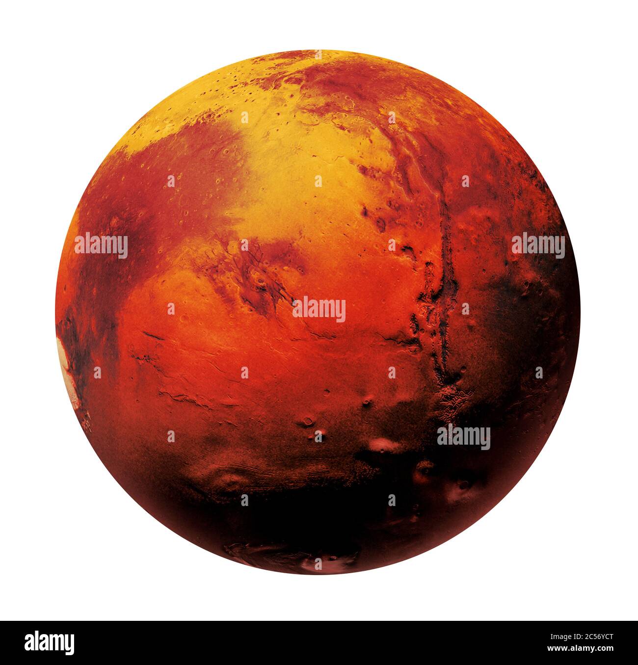 Marte il pianeta rosso del sistema solare nello spazio. L'arte ad alta risoluzione presenta il pianeta Marte isolato su bianco. rendering 3d Foto Stock