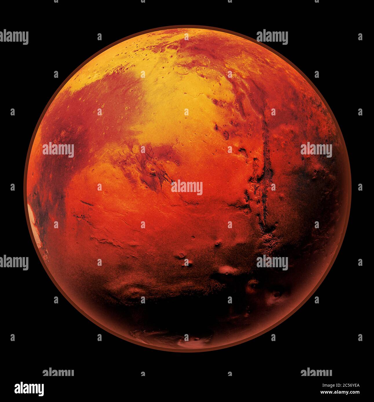 Marte il pianeta rosso del sistema solare nello spazio. L'arte ad alta risoluzione presenta il pianeta Marte isolato su nero. Foto Stock