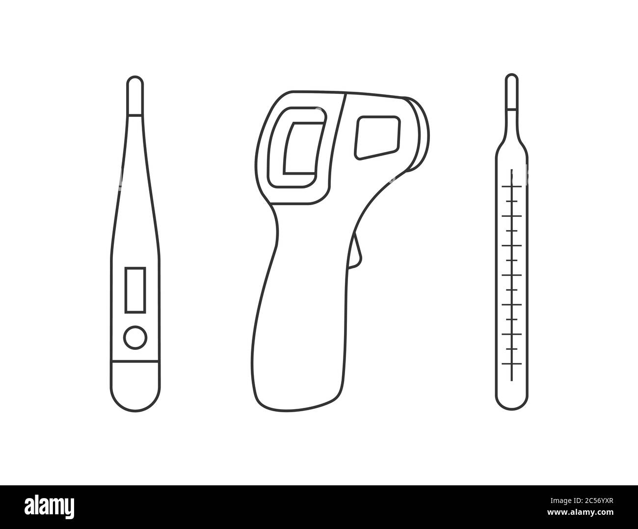 I termometri laser, digitali e a mercurio per la temperatura corporea  delineano. Icone di linea. Tre diversi termometri per il controllo della temperatura  corporea. Vettore Immagine e Vettoriale - Alamy