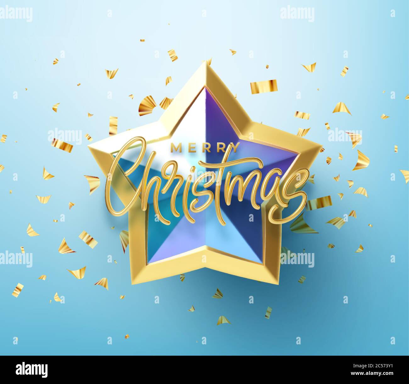 Realistico lucido 3D Golden iscrizione Merry Natale su uno sfondo blu stella oro. Illustrazione vettoriale Illustrazione Vettoriale