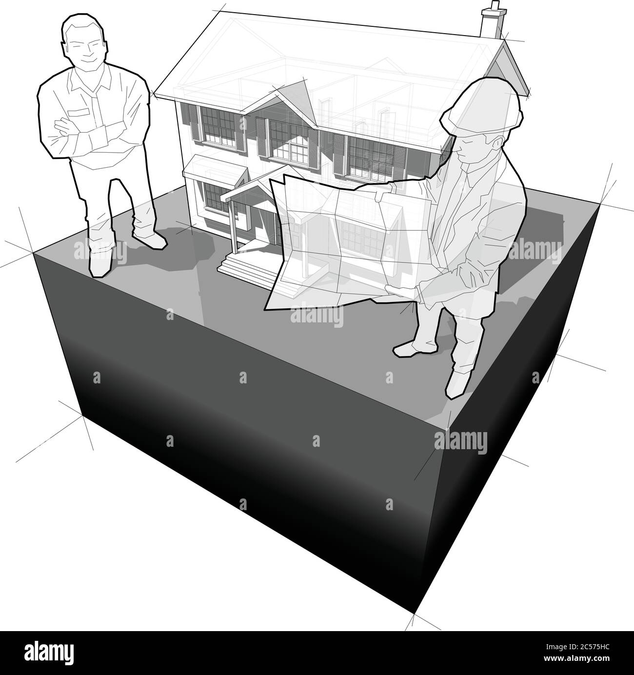 diagramma di una casa coloniale classica e architetto e felice uomo sorridente in piedi di fronte ad essa Illustrazione Vettoriale