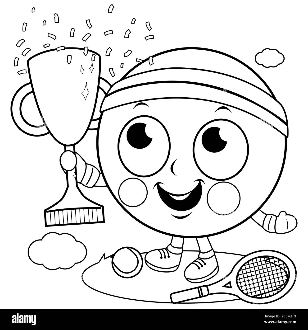 Il campione di personaggio della palla da tennis che acclama e tiene un trofeo. Pagina da colorare in bianco e nero Foto Stock