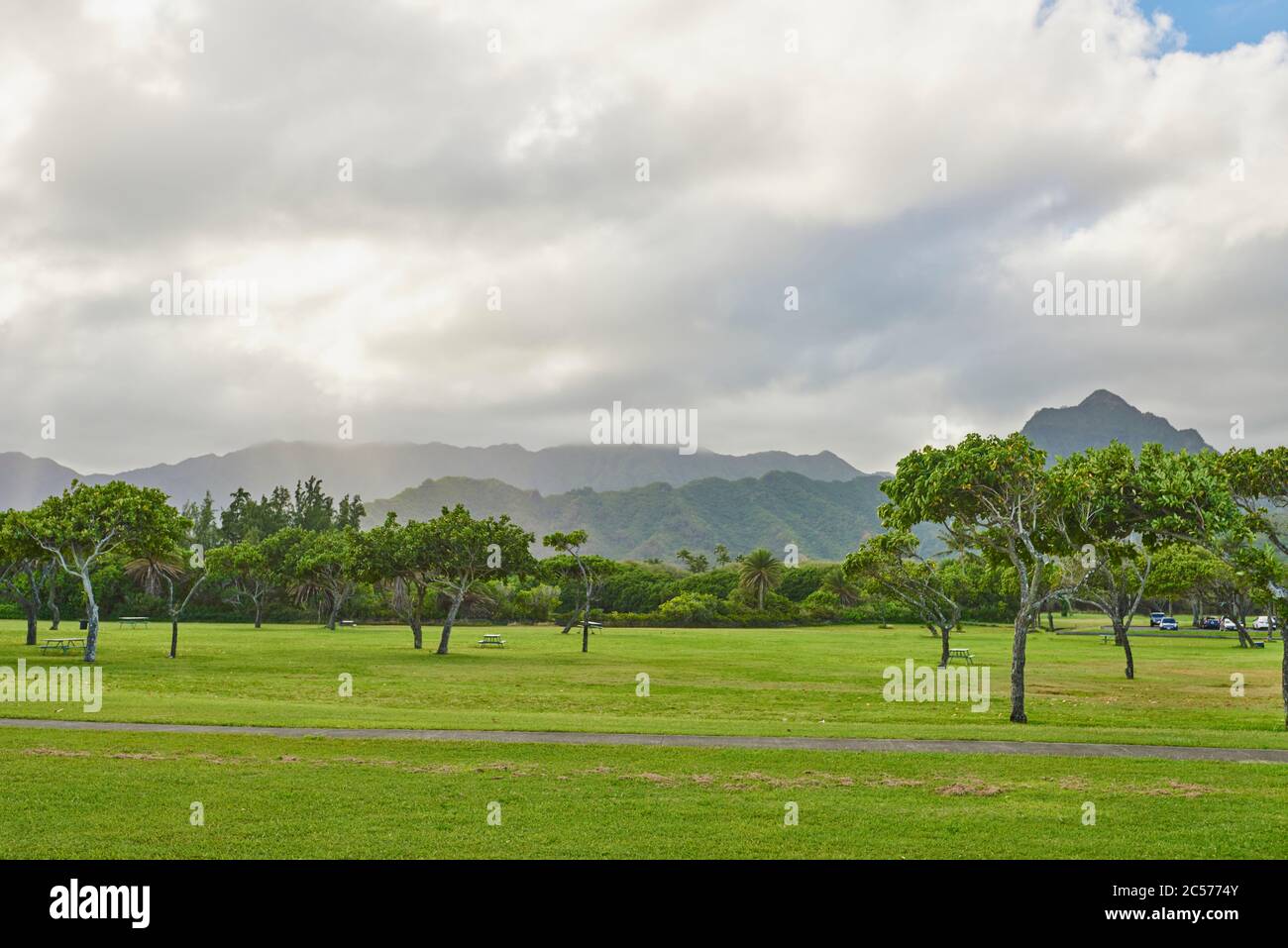 Paesaggio da Kualoa Point, Kualoa Regional Park, Oahu Island, Oahu, Hawaii, Aloha state, Stati Uniti Foto Stock