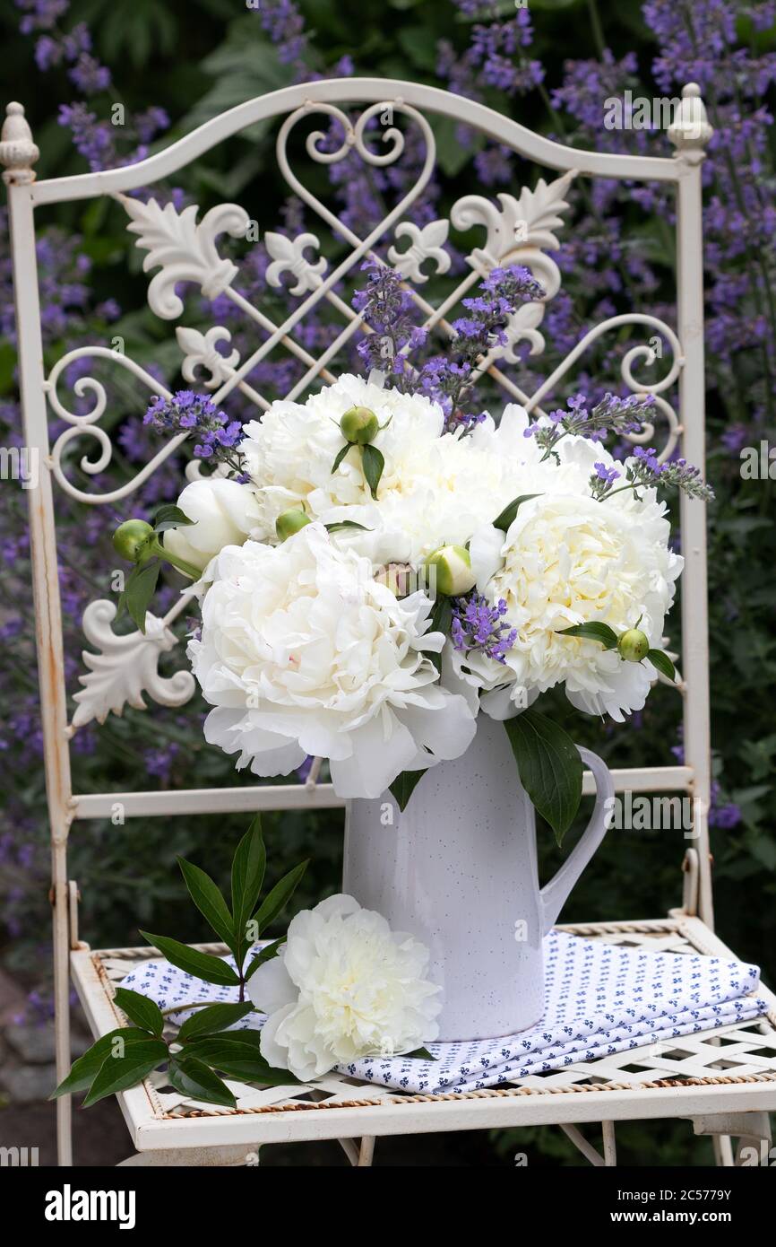 bouquet di fiori bianchi di pony in vaso su sedia da giardino Foto Stock