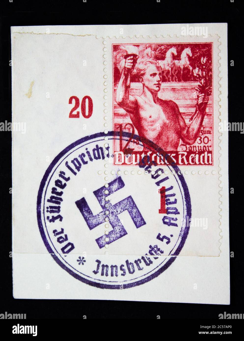 Francobollo speciale con timbro tedesco Reich 'il leader parla' Foto Stock