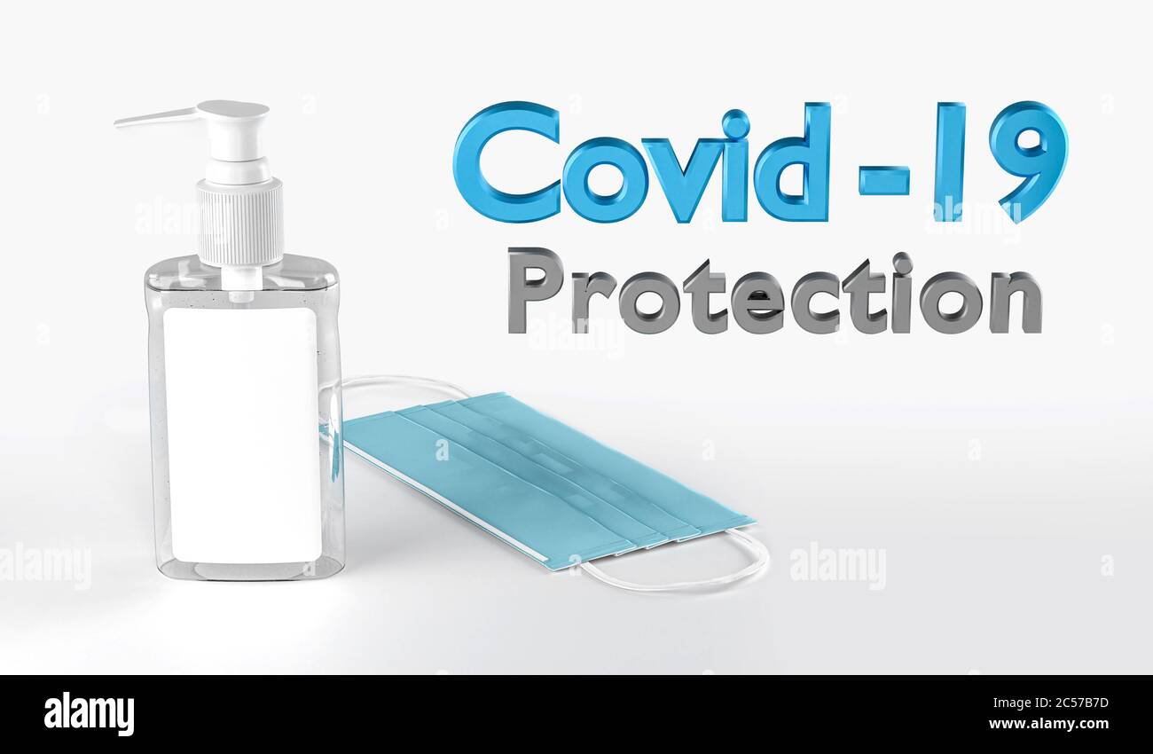 Protezione contro Coronavirus COVID-19. Gel igienizzante per le mani in un mini flacone di plastica e maschera chirurgica. Rendering 3D. Foto Stock