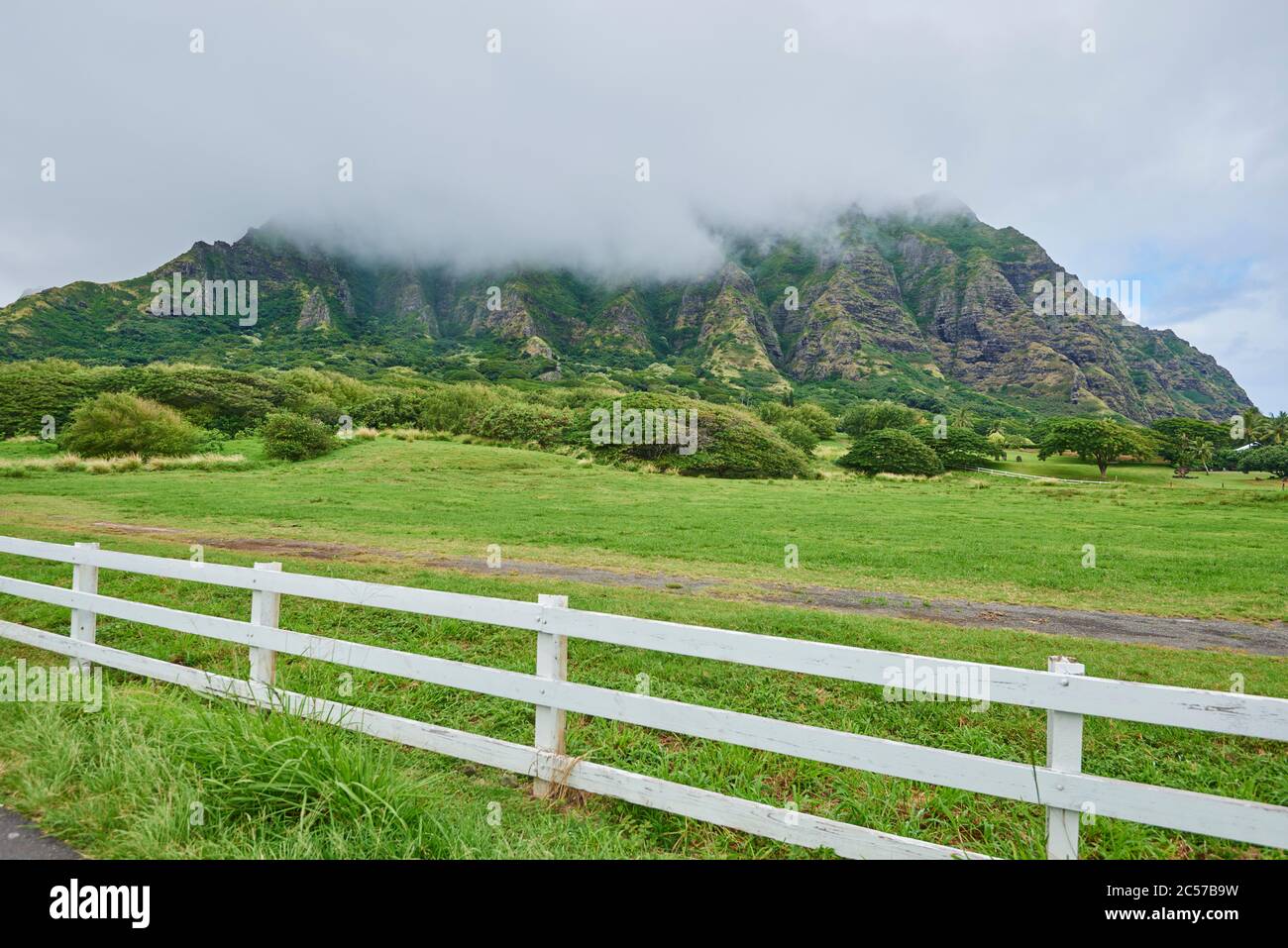 Paesaggio da Kualoa Ranch & Zipline, Oahu Island, Oahu, Hawaii, Aloha state, Stati Uniti Foto Stock