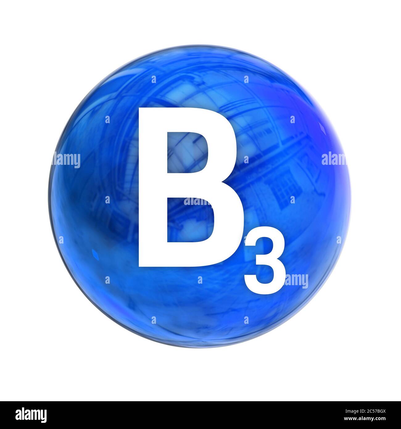 Molecola di vitamina B3 sfera per la farmacia medica sanitaria. Simbolo luminoso della vitamina B3. Icona della vitamina. Rendering 3D. Niacina. Foto Stock