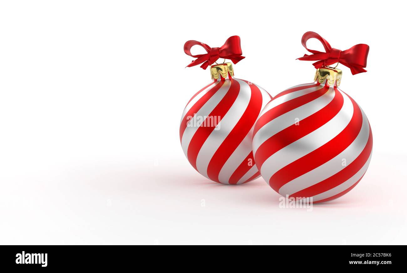 Natale strisce palle baubles bombe bulbi decorazione colorata isolato su sfondo bianco. Sfera di vetro di Natale. rendering 3d. Foto Stock
