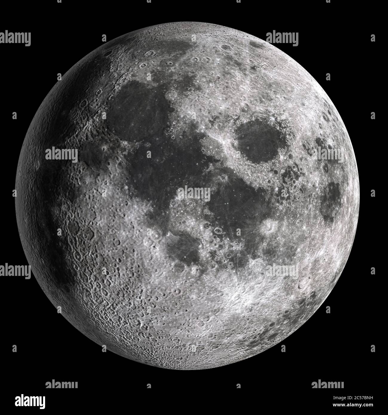 Luna piena ad alta risoluzione isolata su sfondo nero. Rendering 3D Foto Stock