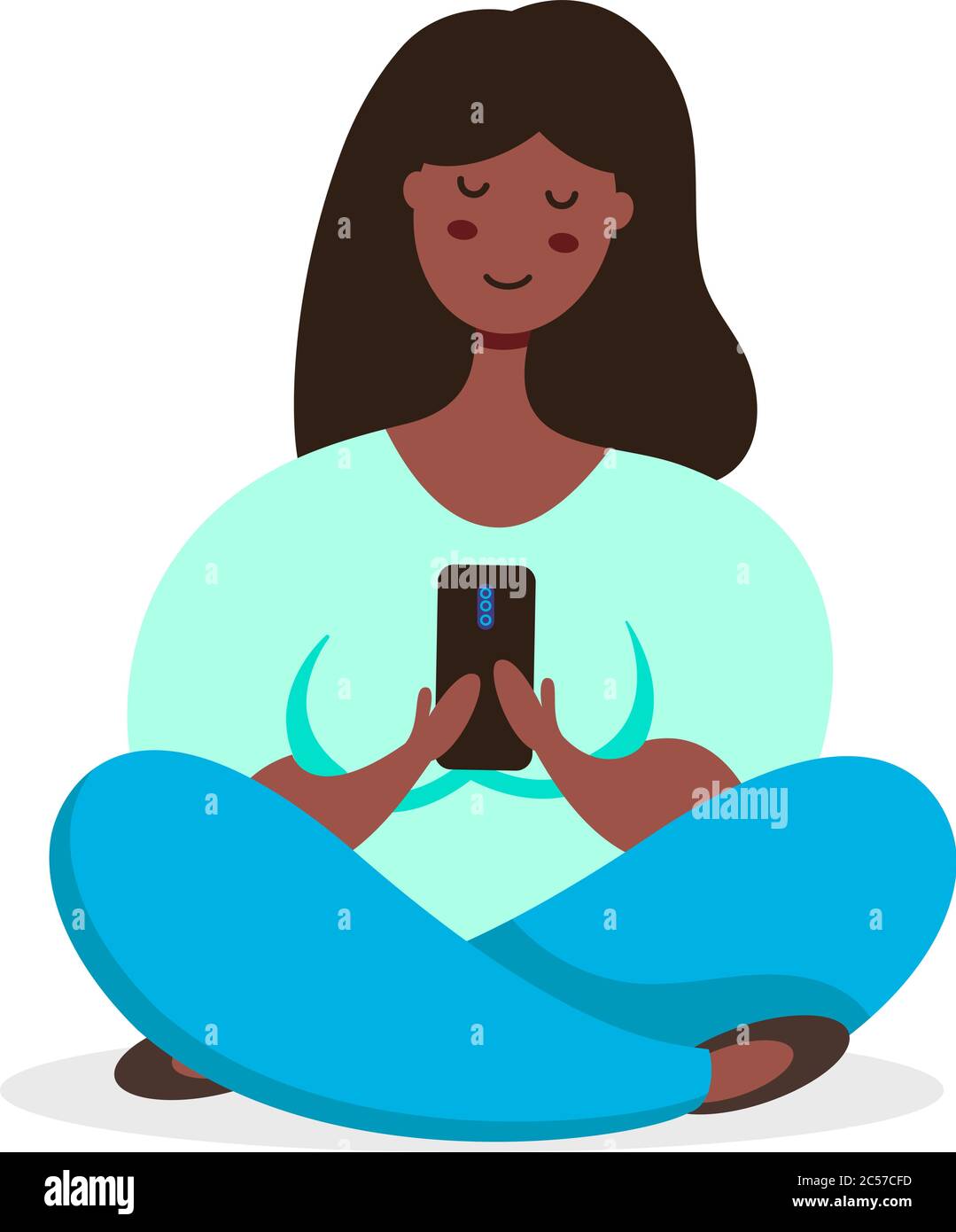 Donna nera meditando in posa lotus usa lo smartphone. Illustrazione vettoriale in stile piatto. Illustrazione Vettoriale