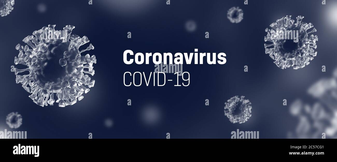 Pandemia di coronavirus. Virus Covid 19-NCP. Microbiologia e Virologia . Concetto. Immagine panoramica. Rendering 3D. Foto Stock