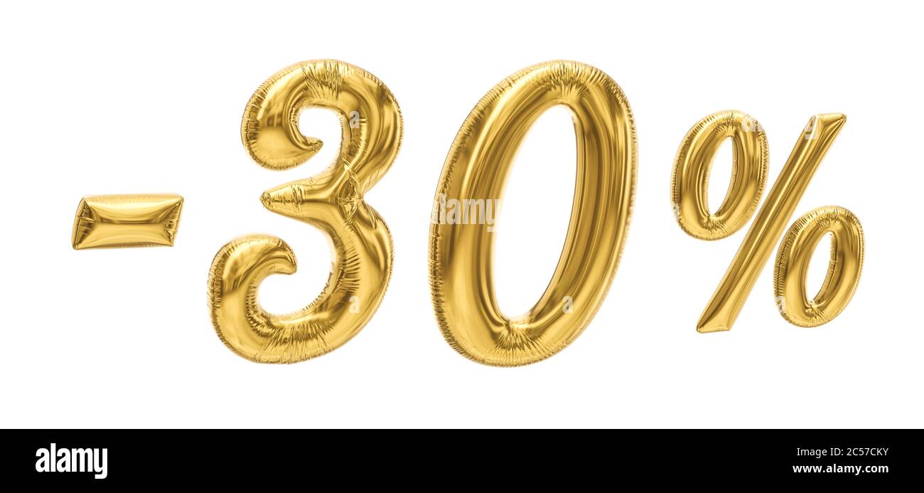 promozione sconto del 30% sui balloni d'oro numero 3d reso isolato su  sfondo bianco. Rendering 3D Foto stock - Alamy