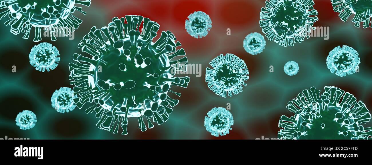 Illustrazione 3d, vista di Coronavirus sotto microscopio, virus. Interruzione del virus corona. . Illustrazione 3d di alta qualità Foto Stock