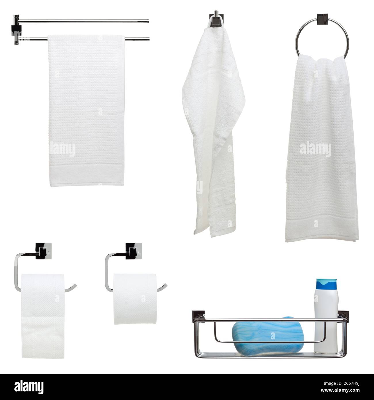 Set di sei oggetti da bagno - barra portasciugamani, gancio e anello, dispenser di carta igienica, box doccia isolato su sfondo bianco Foto Stock