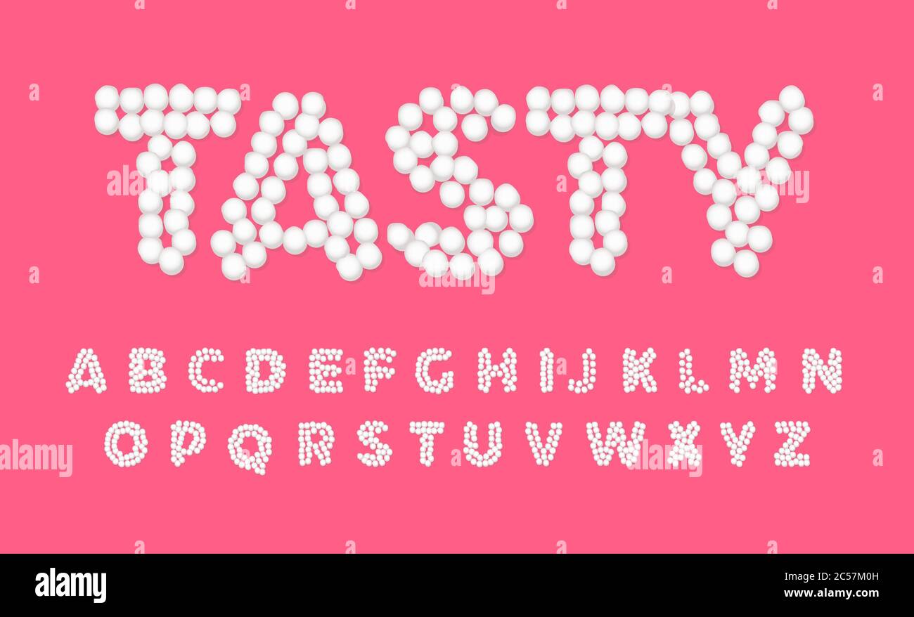 Lettere marshmallow, dolce, gustoso e carino font, lettere bianche di punti su sfondo di colore rosa, tipografia vettoriale per le vacanze Illustrazione Vettoriale