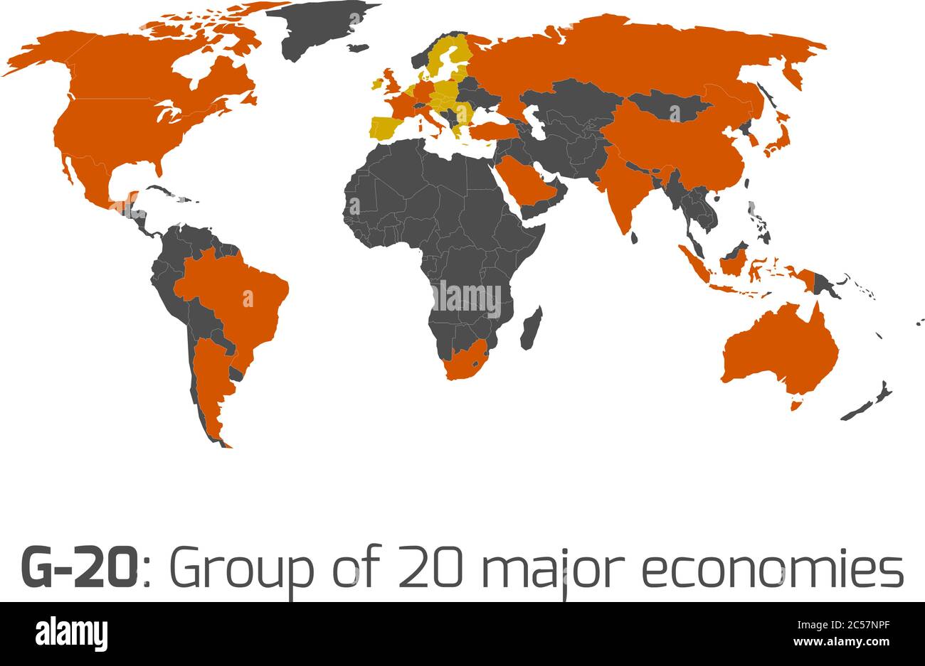 G-20 o Gruppo di grandi economie del mondo. Evidenziato da arancione in bianco mappa politica mondiale. Illustrazione Vettoriale