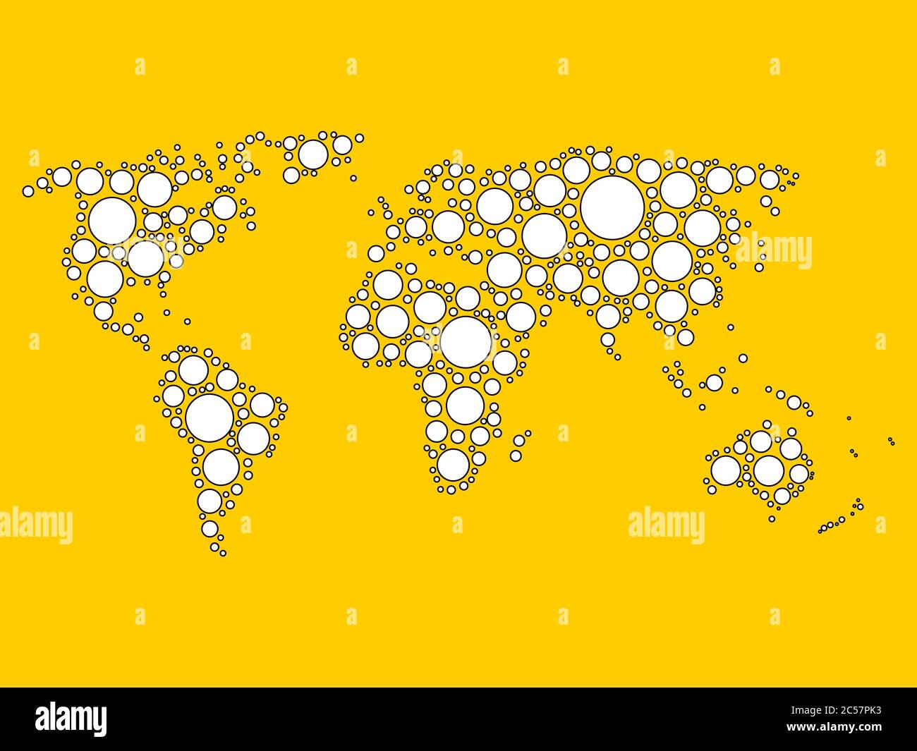 Mappa del mondo mosaico di punti bianchi con contorno nero in varie dimensioni su sfondo giallo. Illustrazione vettoriale. Tema di sfondo della mappa del mondo di stile moderno. Illustrazione Vettoriale