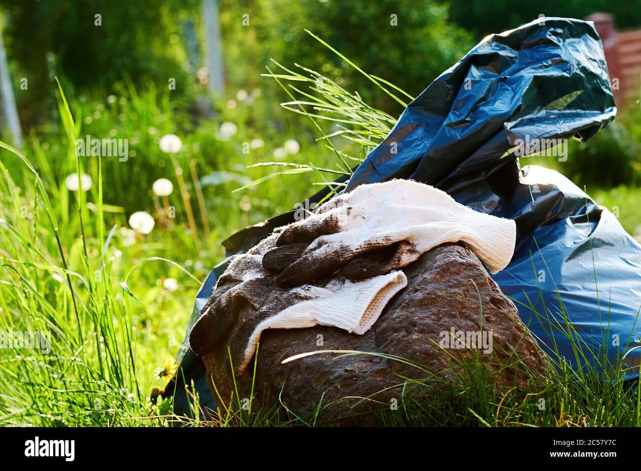 Sacco per rifiuti e guanti da giardino, pulizia della natura e cortile. Tutela dell'ambiente e cura della natura Foto Stock