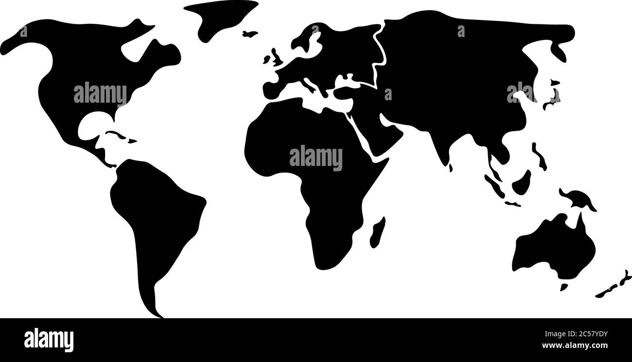 Mappa mondiale divisa in sei continenti in nero - Nord America, Sud America, Africa, Europa, Asia e Australia Oceania. Mappa vettoriale vuota con silhouette semplificata senza etichette. Illustrazione Vettoriale