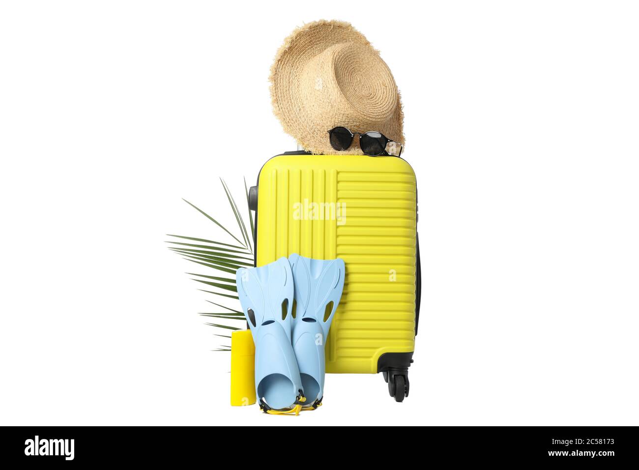 Composizione con borsa da viaggio isolata su sfondo bianco Foto Stock