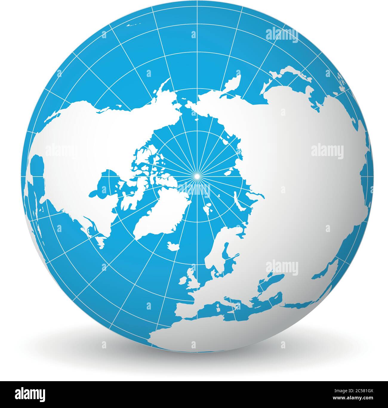 Globo terrestre con mappa del mondo verde e mari blu e oceani focalizzati sull'Oceano Artico e sul Polo Nord. Con sottili meridiani bianchi e paralleli. Illustrazione vettoriale 3D. Illustrazione Vettoriale
