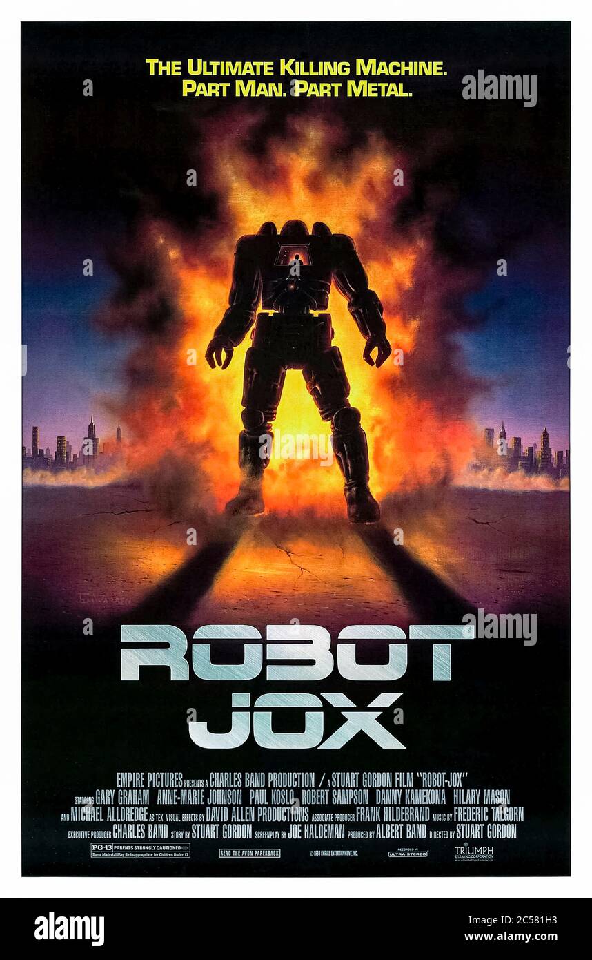 Robot Jox (1989) diretto da Stuart Gordon e interpretato da Gary Graham, Anne-Marie Johnson, Paul Koslo e Michael Alldredge. Dopo una devastante guerra nucleare, i conflitti futuri sono determinati in scontri uno su uno tra robot giganti pilotati da jockey robot a bordo o jox. Foto Stock