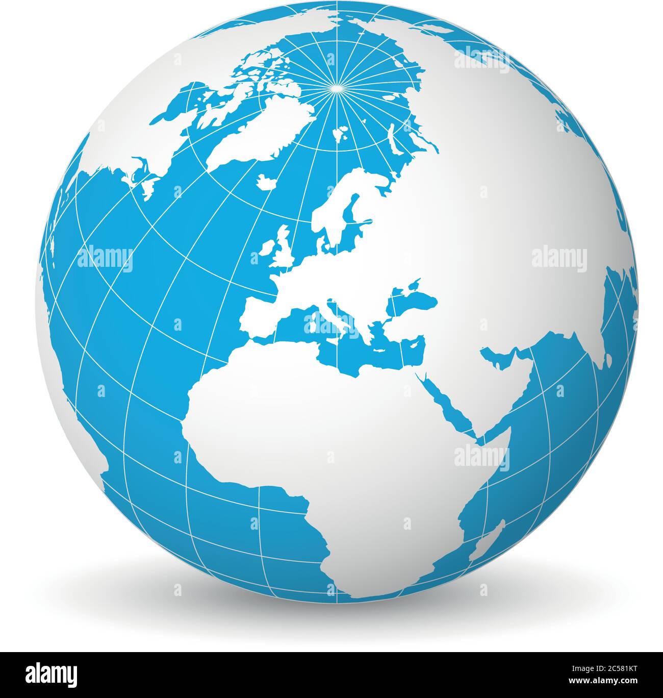 Globo terrestre con mappa del mondo verde e mari blu e oceani focalizzati  sull'Europa. Con sottili meridiani bianchi e paralleli. Illustrazione  vettoriale 3D Immagine e Vettoriale - Alamy