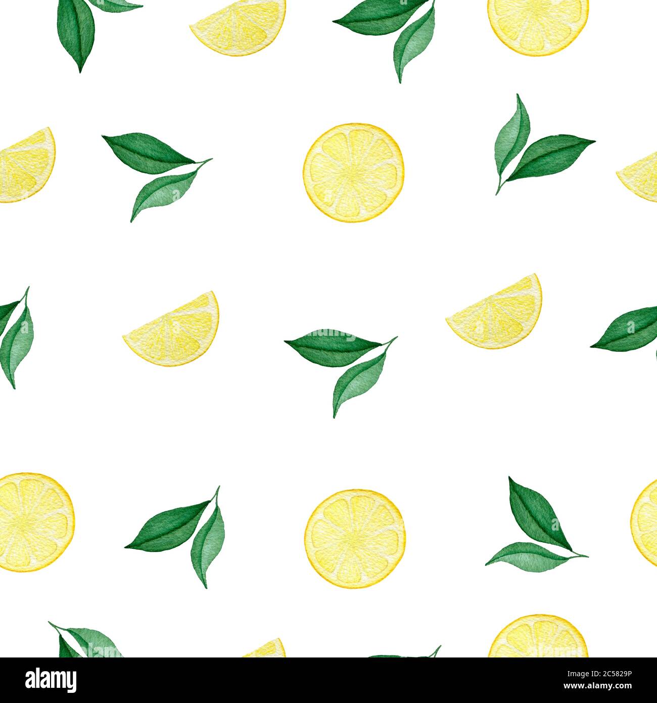 fette di limone succosa e foglie verdi senza cuciture motivo, acquerello illustrazione di frutta tropicale, limone brillante disegno modello per avvolgere, tessuto Foto Stock