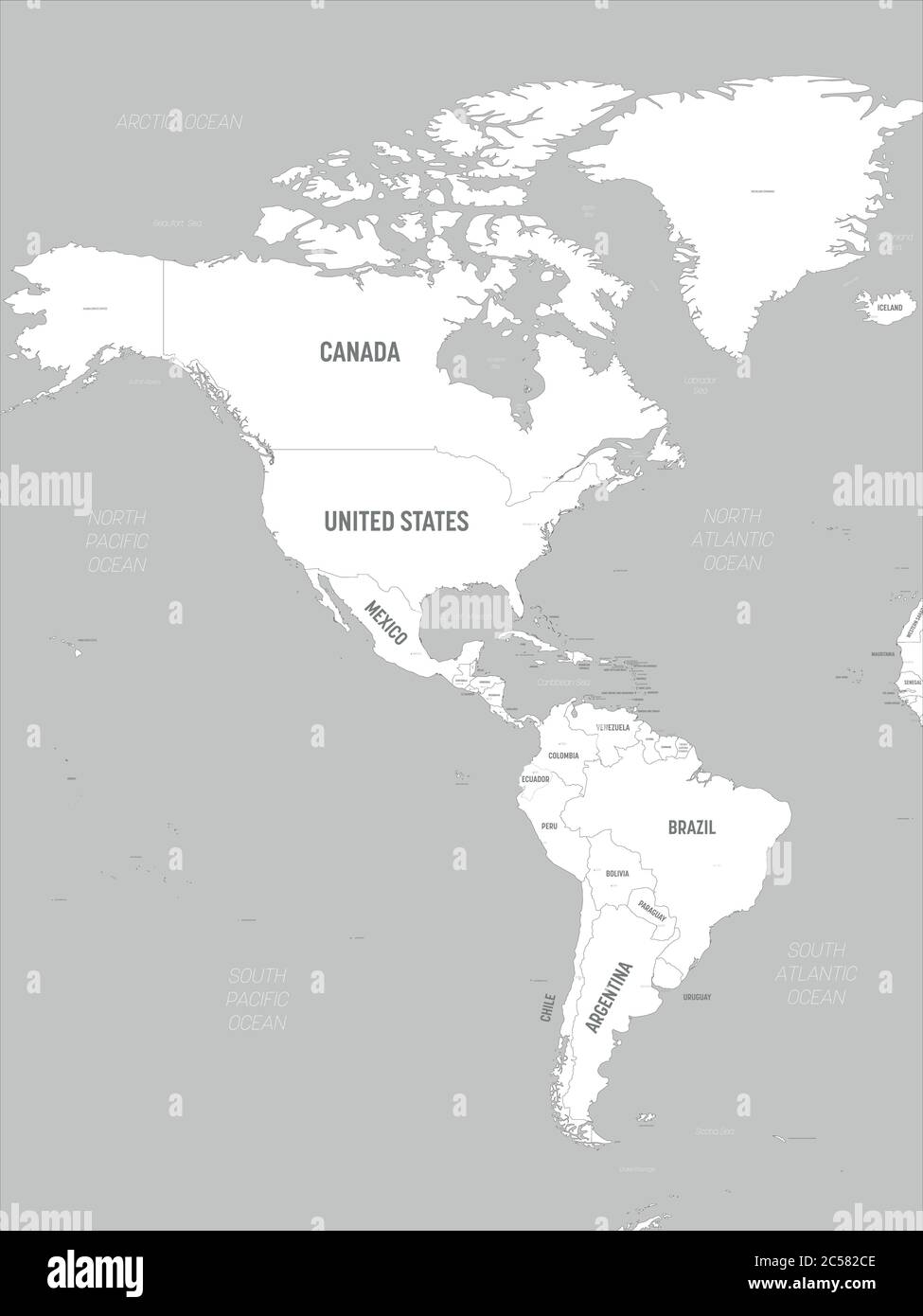 Cartina delle Americhe - terre bianche e acque grigie. Mappa politica dettagliata del continente nordamericano e sudamericano con l'etichettatura dei nomi di paesi, capitali, oceani e mari Immagine e Vettoriale - Alamy