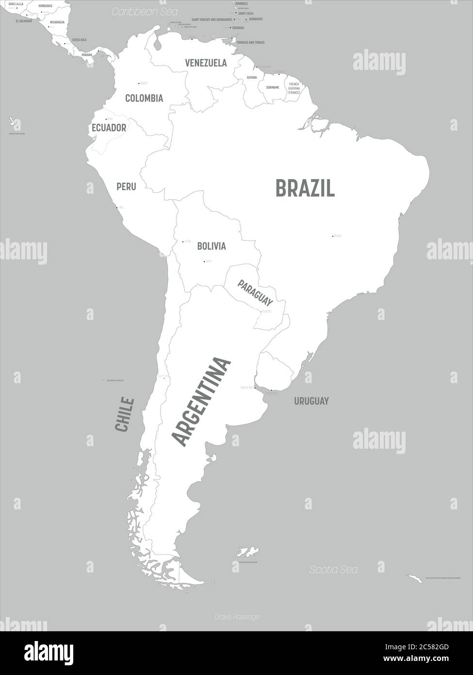 Mappa del Sud America - terre bianche e acque grigie. Mappa politica dettagliata del continente sudamericano con l'etichettatura dei nomi di paese, capitale, oceano e mare. Illustrazione Vettoriale