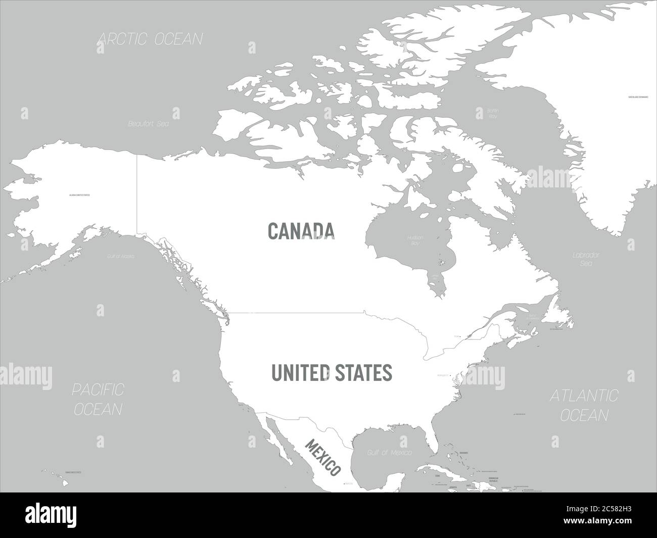 Mappa del Nord America - terre bianche e acque grigie. Mappa politica dettagliata del continente nordamericano con l'etichettatura dei nomi di paese, capitale, oceano e mare Immagine e Vettoriale - Alamy
