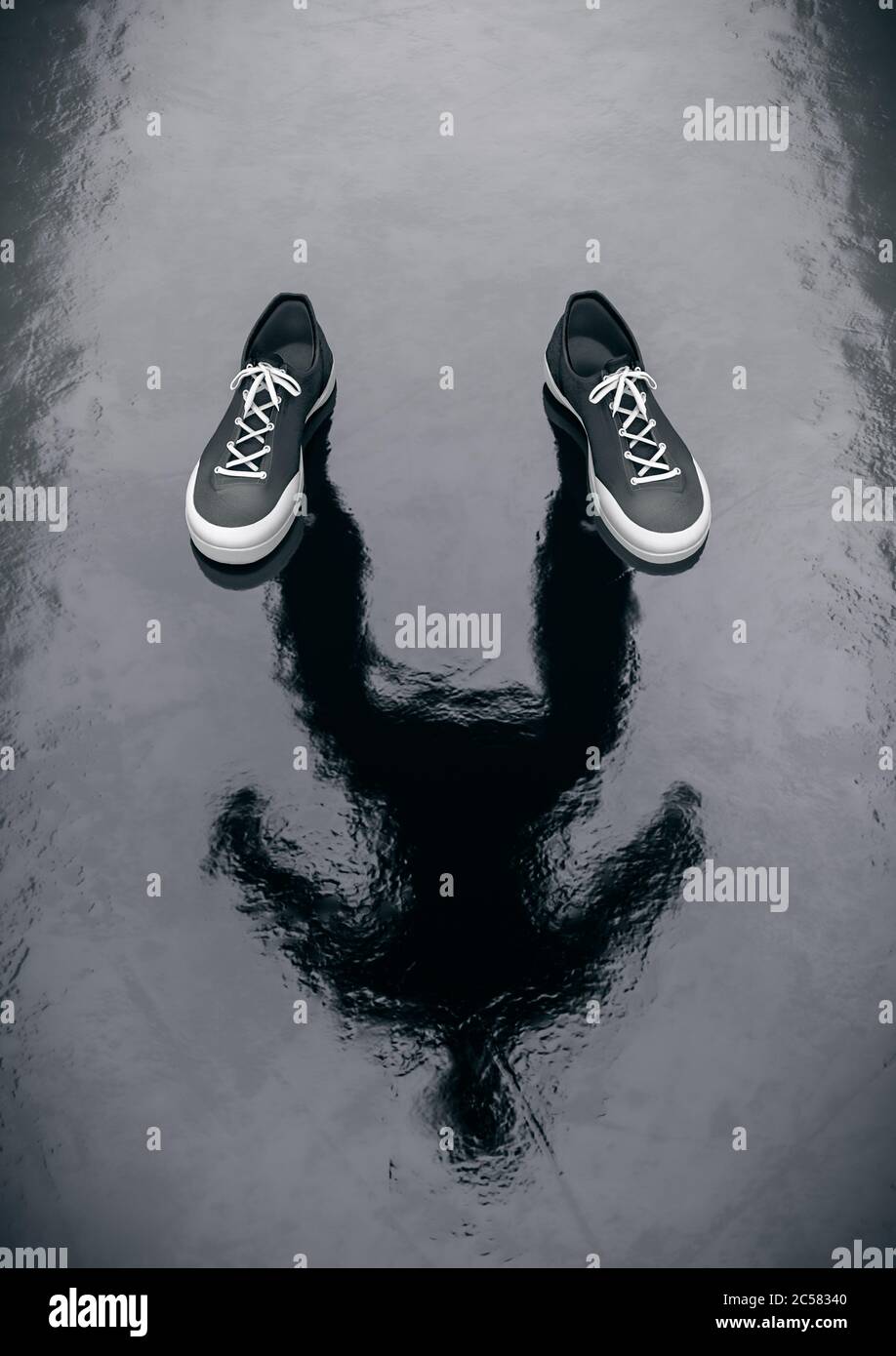 Uomo disoccupato invisibile cercatore di lavoro in piedi sul pavimento bagnato. Crea la tua realtà, fai da te. Concetto di Ufficio di lavoro sano stile di vita. Persona persa mancante Foto Stock