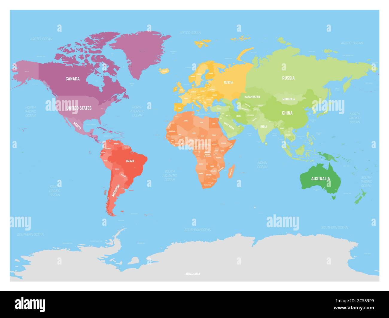 Mappa politica colorata del mondo divisa in sei continenti su sfondo blu. Con paesi, capitali, mari e oceani etichette. Illustrazione vettoriale. Illustrazione Vettoriale